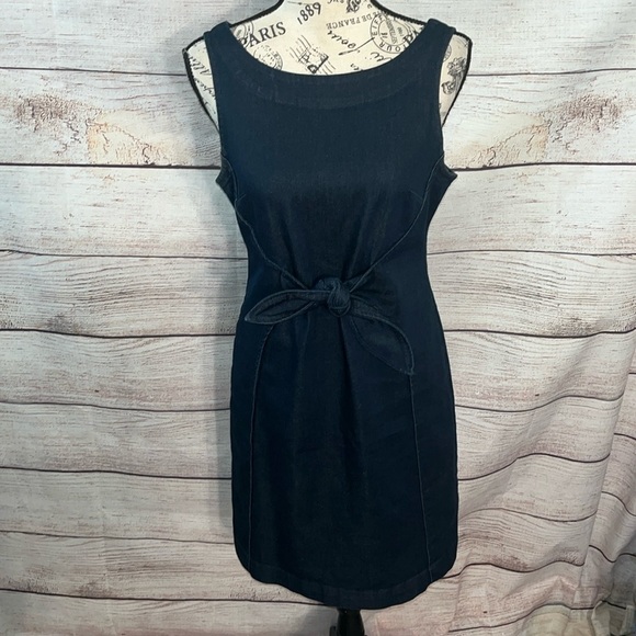 Anthropologie Holding Horses Clara Denim Dress Tie Front Bow Blue Size 4 Petite - Picture 2 of 11